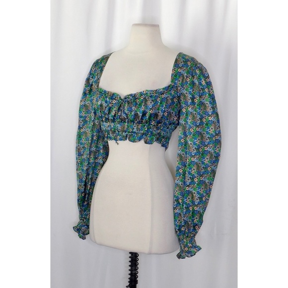 FOR LOVE AND LEMONS Alisa Top Floral Cropped Milkmaid Satin Smocked Small - Picture 6 of 14